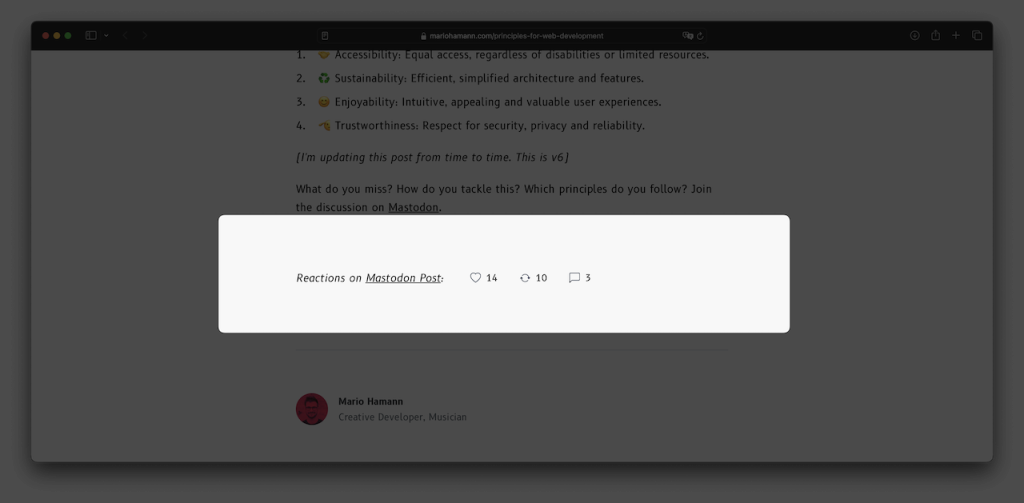 Screenshot of Mastodon Reactions in blog post. No replies looking like comments.