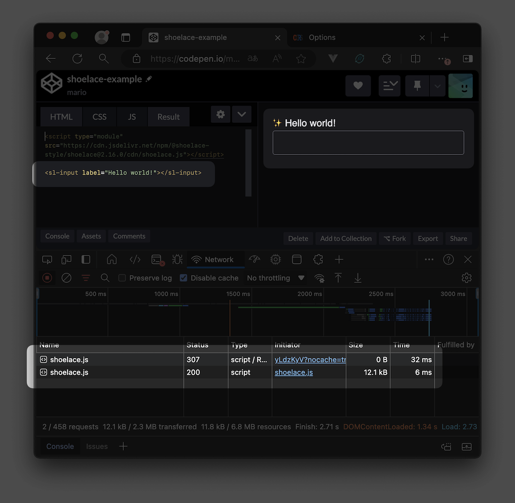 Screenshot of an example codepen.io where the input field shows the additional emoji. At the bottom the redirect in the browser's network tab is visible.