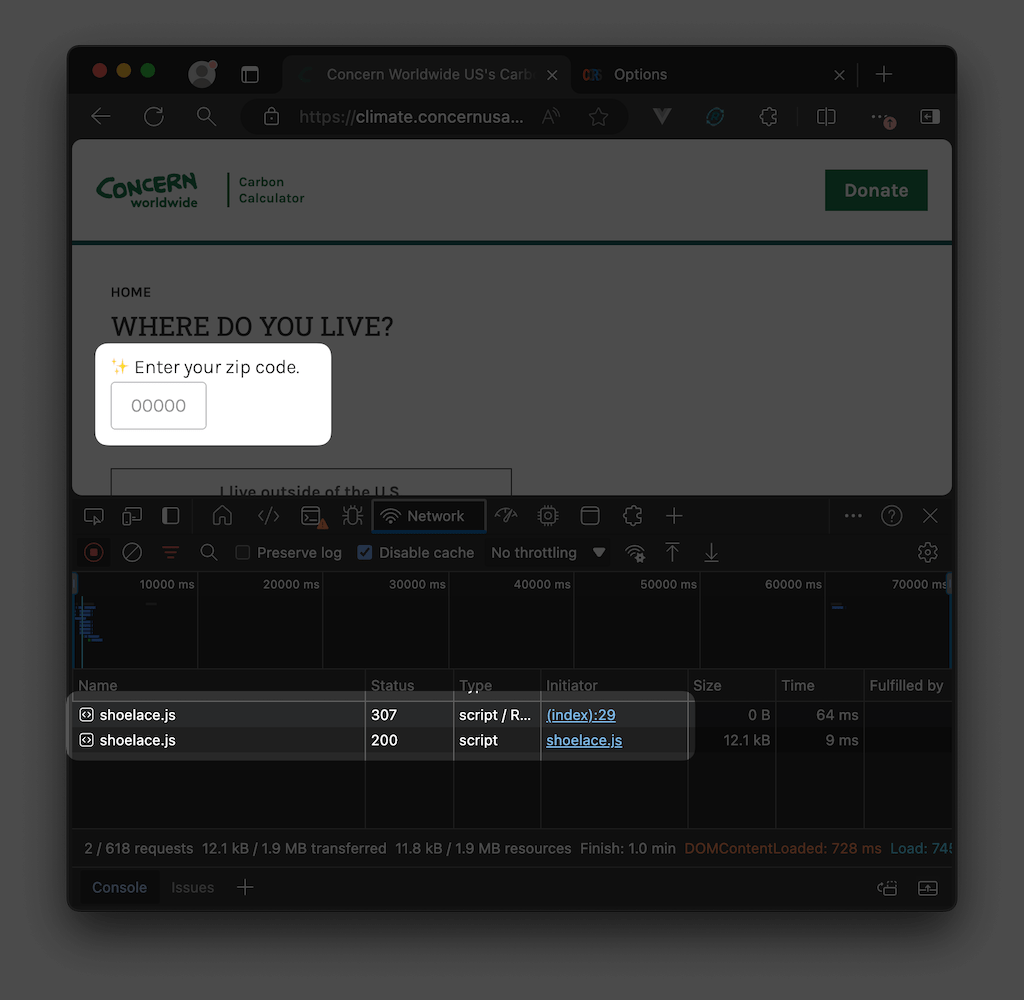 Screenshot of a website where the input field shows the additional emoji. At the bottom the redirect in the browser's network tab is visible.