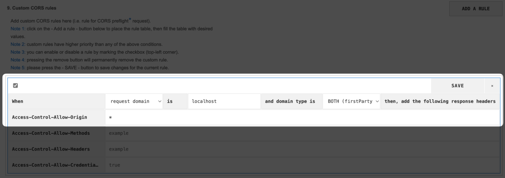 Screenshot of the extension Allow CORS, where a custom rule is created for Access-Control-Allow-Origin which now points to "*".