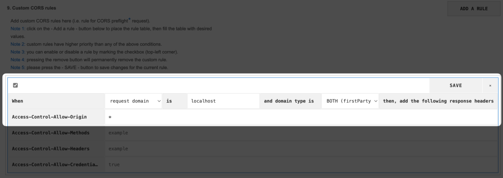 Screenshot of the extension Allow CORS, where a custom rule is created for Access-Control-Allow-Origin which now points to "*".