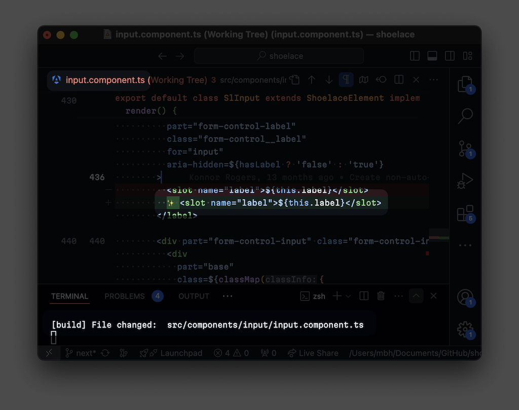 Screenshot of Visual Studio Code, where a single is changed by an added emoji.