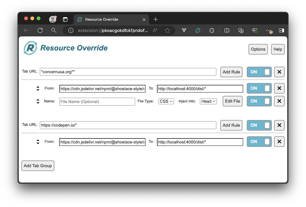 Screenshot of Resource Override's UI with two examples for redirects.