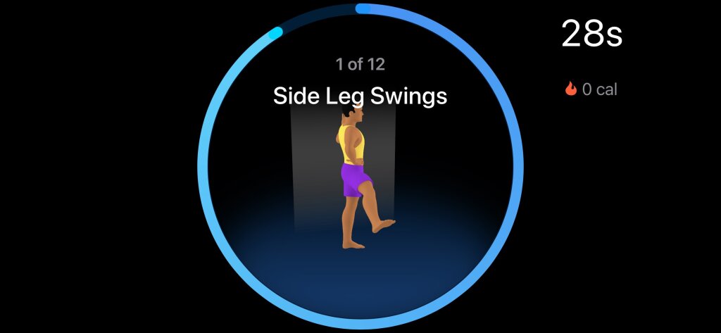 Screenshot of Seven app – showing an 3D animated men. On top headline "Side Leg Swings", 28 seconds and 0 calories burnt. In addition a progress ring is shown around the animation.