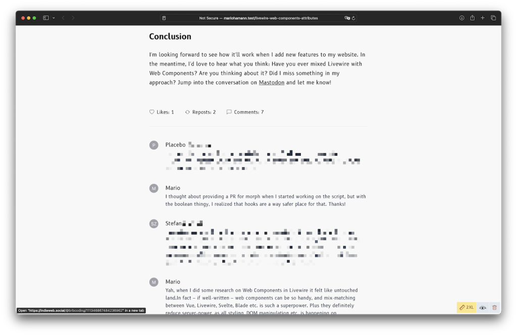 Screenshot of website which shows webmentions (likes, reposts, comments) including the content of reposts.